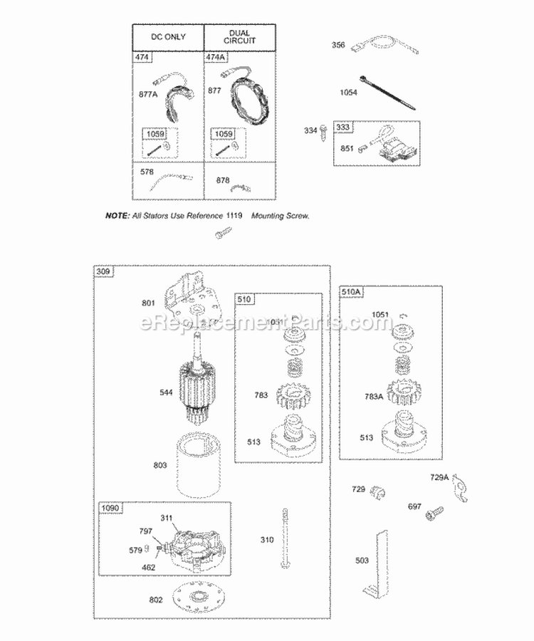 Alternator Electric Starter Diagram and Parts List for 28V707-1113-E1  Briggs and Stratton Engine